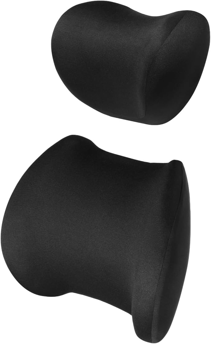 Headrest Lumbar Support Cushion, Car Head and Waist Pillow with Detachable Zipper Cover, Memory Foam for Car Seat, Black