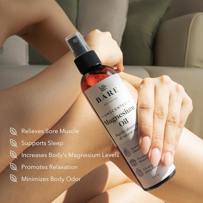 BARE BOTANICS Unscented 8oz Pure Magnesium Oil Spray from the Dead Sea | Rapidly Absorbing | Handpoured in Madison, WI | Supports Sleep & Soothes Sore Muscles