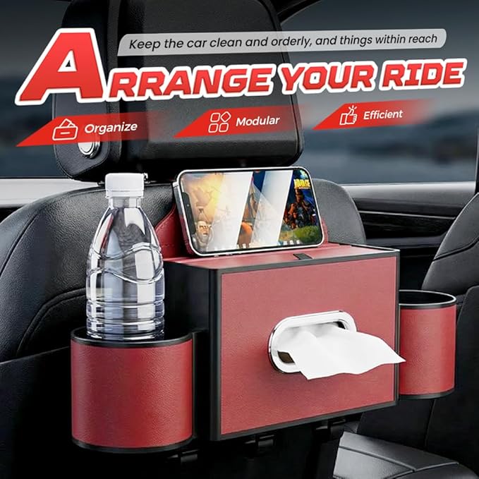 Back Seat Car Organizer,3 in 1 Car Backseat Storage Box with Cup Holder,Tissue Box,Trash Bin&Hooks,Multifunctional Waterproof Storage for Hold Phones Snacks Drinks Handbags (1, A-Orange)