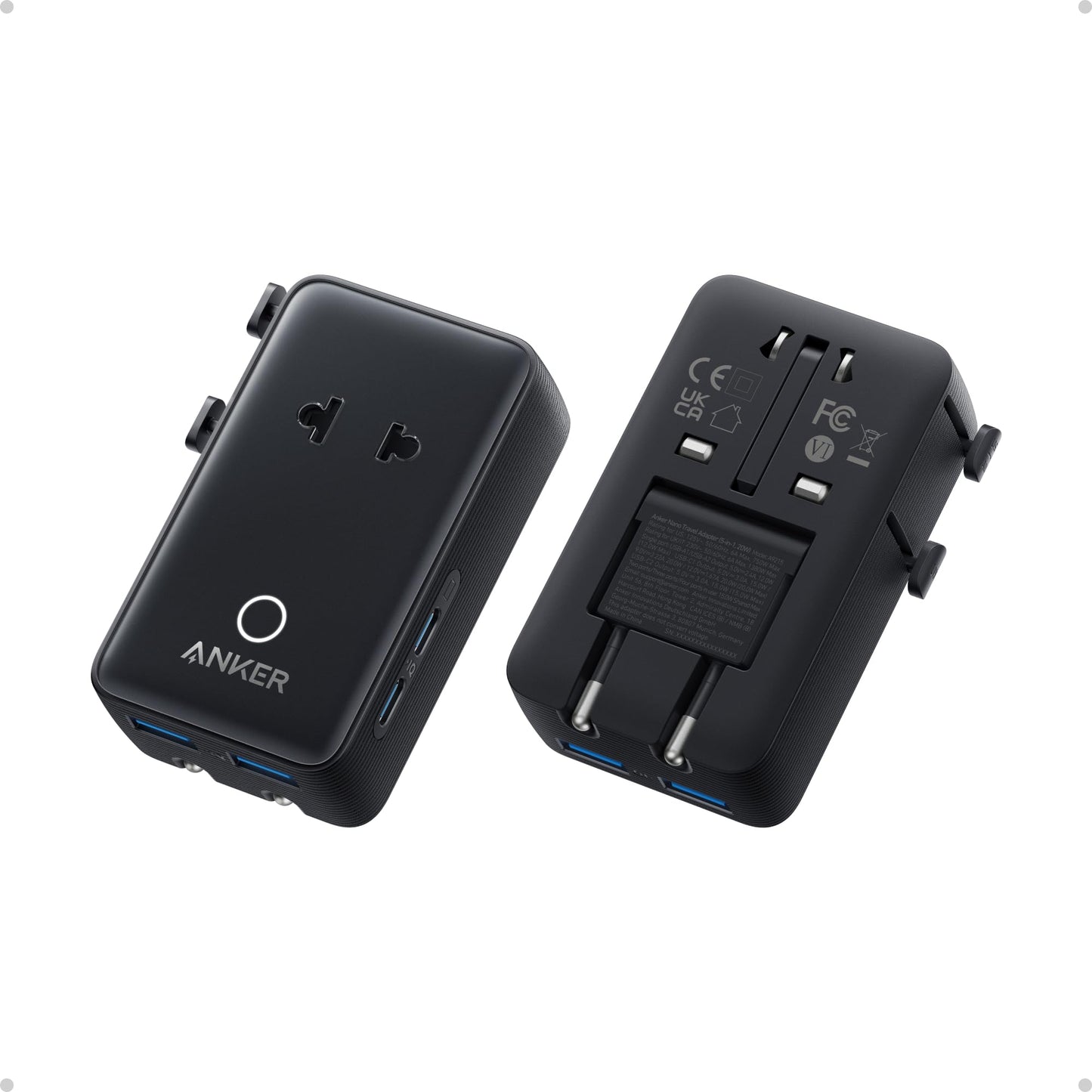 Anker Nano Travel Adapter, 5-Port Power Adapter with 1 AC, 2 USB-A, and 2 USB-C Ports, Smart Temperature Control, Compatible with Over 200 Countries, Ideal for Travel (1-Pack)