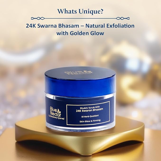 Blue Nectar Gold Face Scrub for Glowing Skin | Cleanser & Exfoliating Scrub with Aloe Vera, Walnut & Kumkumadi for Men & Women | Ayurvedic Tan Removal (12 Herbs, 1.7 Oz)