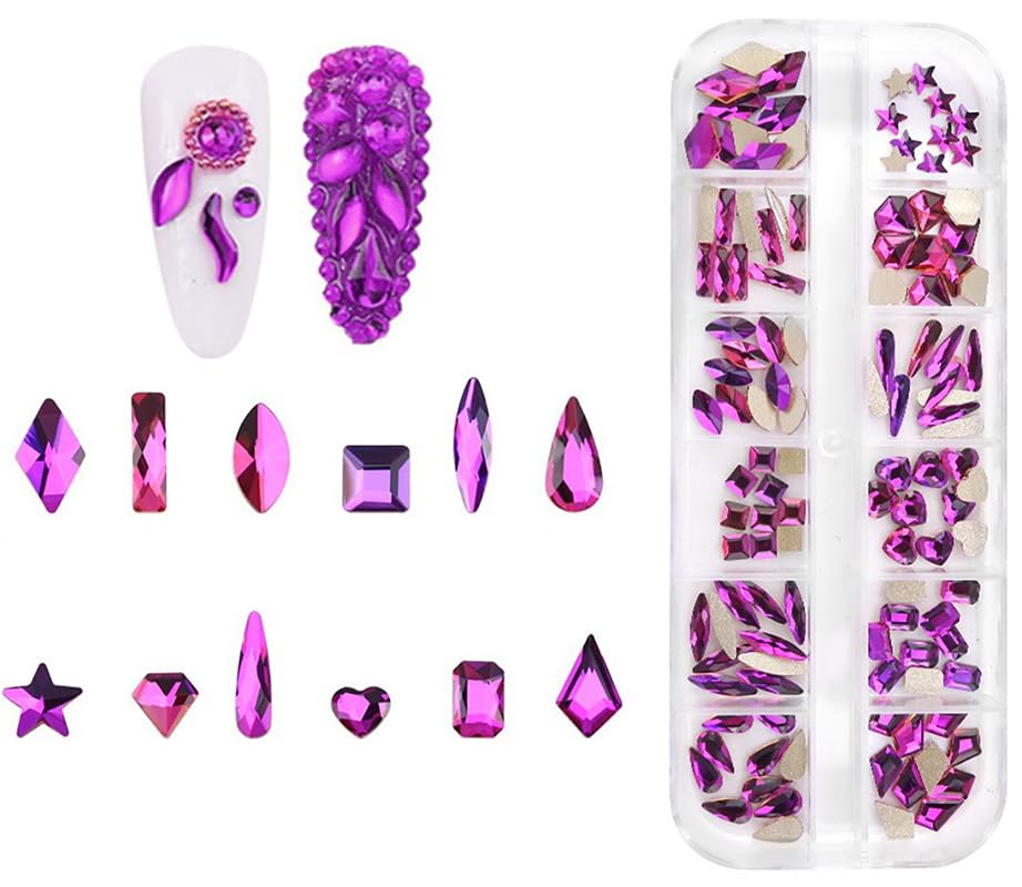 Jollin 120Pcs Flatback Rhinestones Glass Charms Diamantes Gems Stones For Nail Art Box Multi Shapes Fuchsia