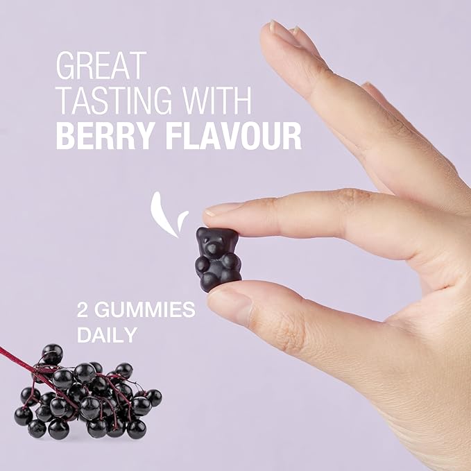 Unichi Immune Defence Gummy, with Elderberry Extract, Vitamin C, Zinc to Promote Immune System Health, Defend Cold & Flu Symptoms, Berry Flavour, 60 Count