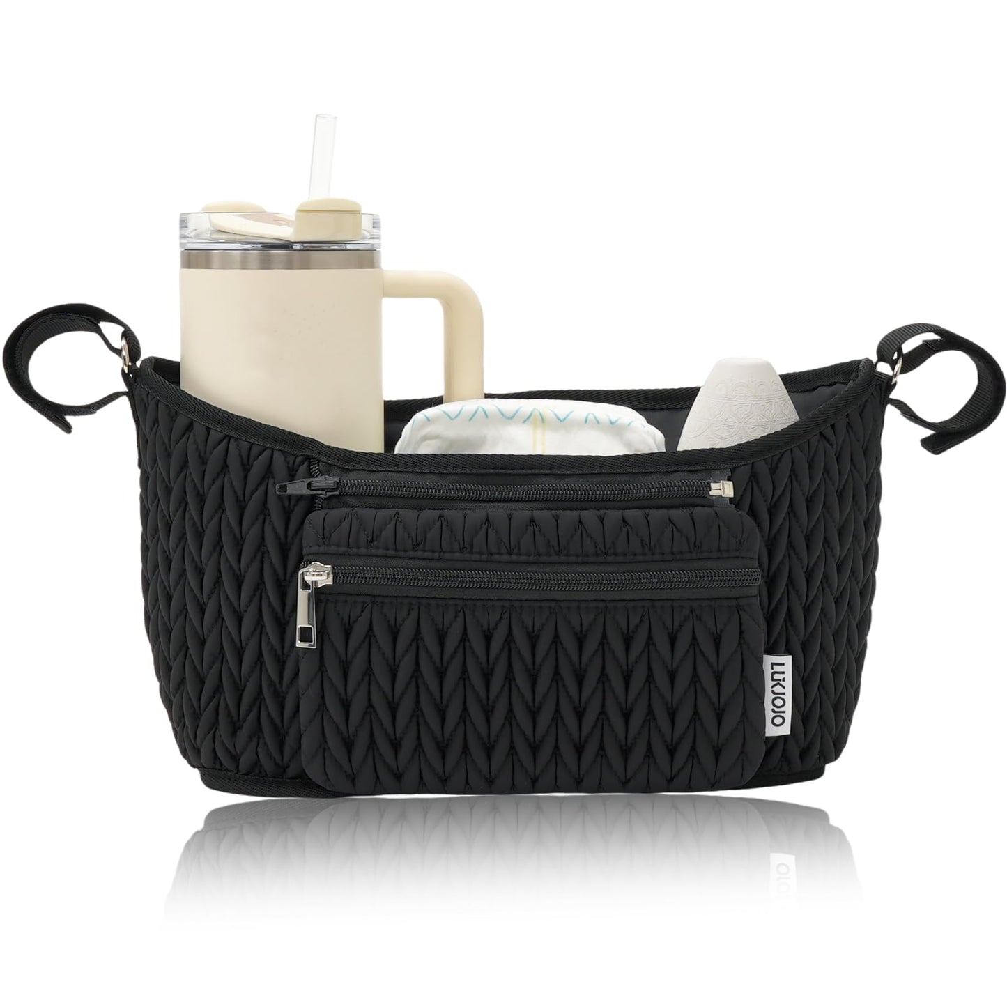 LUKJOJO Stroller Organizer - Stylish 3D Herringbone Quilting Nylon, Universal Fit, Detachable Bag, Adjustable Multi-Storage for Baby Essentials