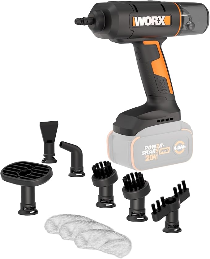 Worx 20V SteamStorm Cordless Handheld Steam Cleaner w/Accessories, Steamer for Cleaning 220°F 8-Second Preheat, Lightweight Portable Steamer for Home Car – Tool Only