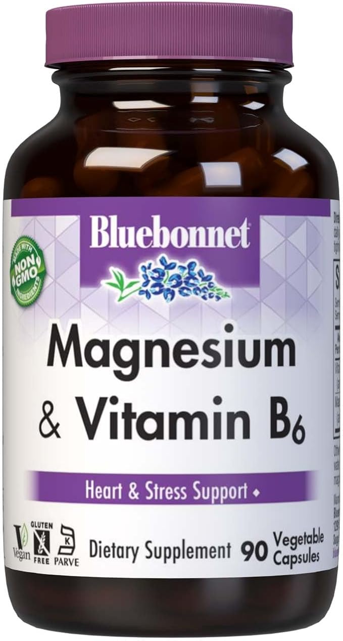Bluebonnet Nutrition Magnesium & B6 – 400 mg Magnesium Oxide & Aspartate with Vitamin B6 25 mg – Heart & Brain Magnesium Complex for Women & Men* - Non-GMO, Vegan, Gluten-Free - 90 Vegetable Capsules