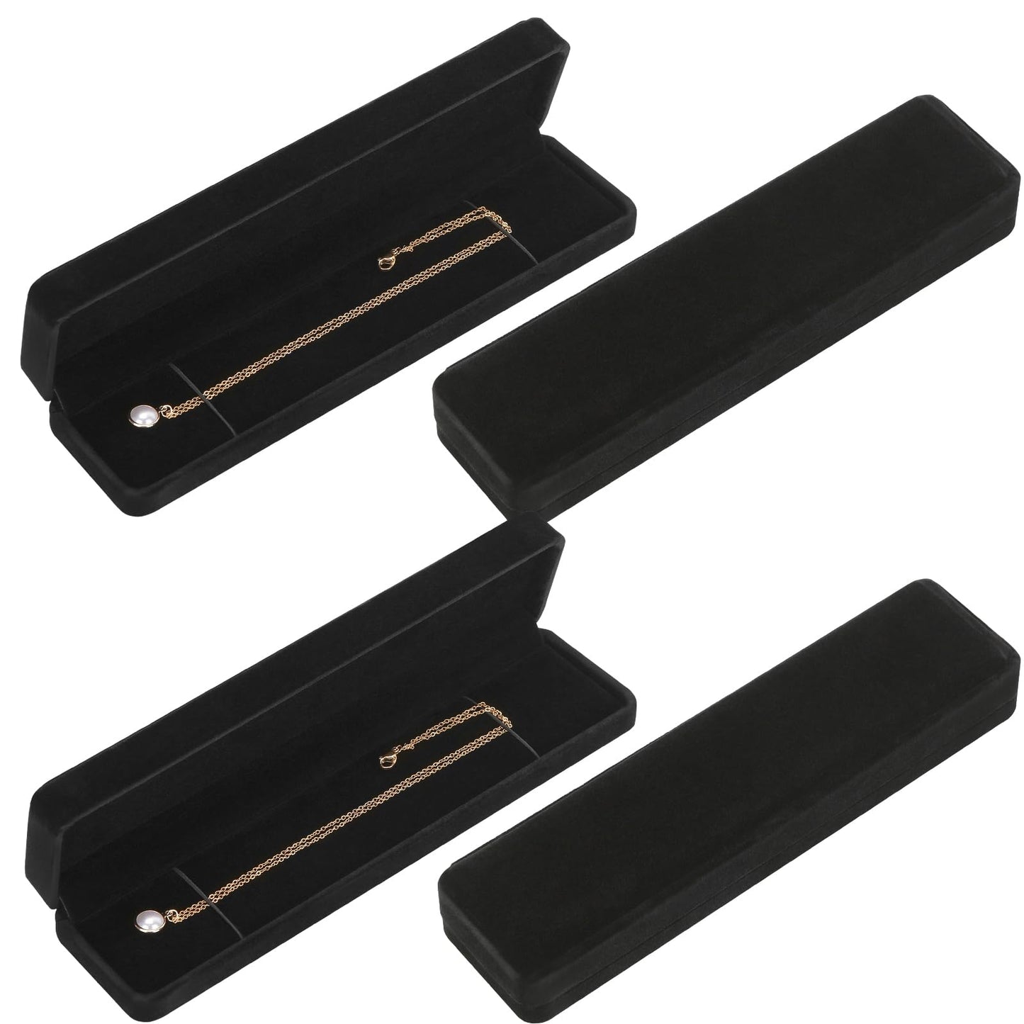 LETURE 4 Pieces Velvet Bracelet Necklace Pendant Jewelry Box, Small Long Jewelry Watch Gift Box for Proposal, Wedding, Engagement, Christmas (BLACK-4PCS)