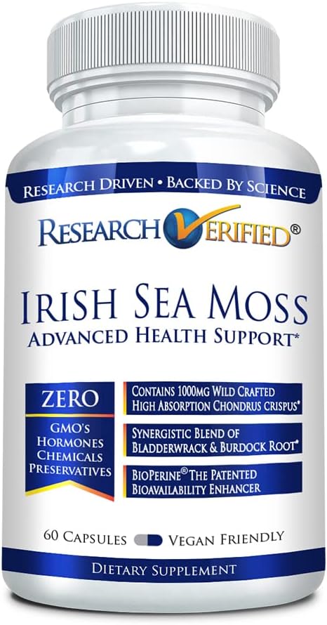Research Verified Irish Sea Moss - Bladderwrack, Burdock, BioPerine - Rich in Prebiotics - Boost Immunity, Aid Digestion - 60 Capsules - Vegan - Made in The USA