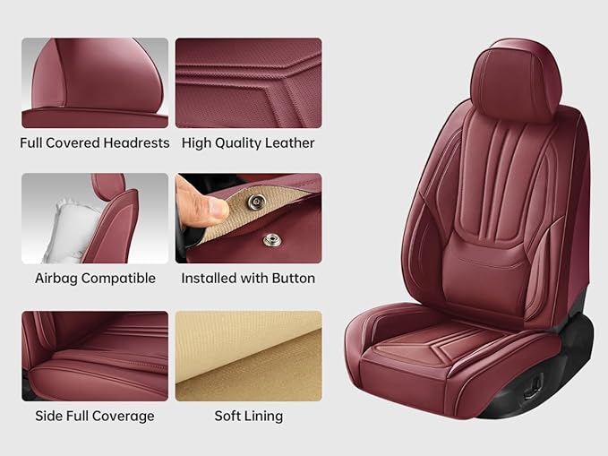 Car Seat Covers, Premium Leather Car Seat Covers, Waterproof and Breathable Seat Covers, Universal Car Seat Protector Fit for Cars, Trucks, SUVs, Pick-ups (Wine Red, FullSet)