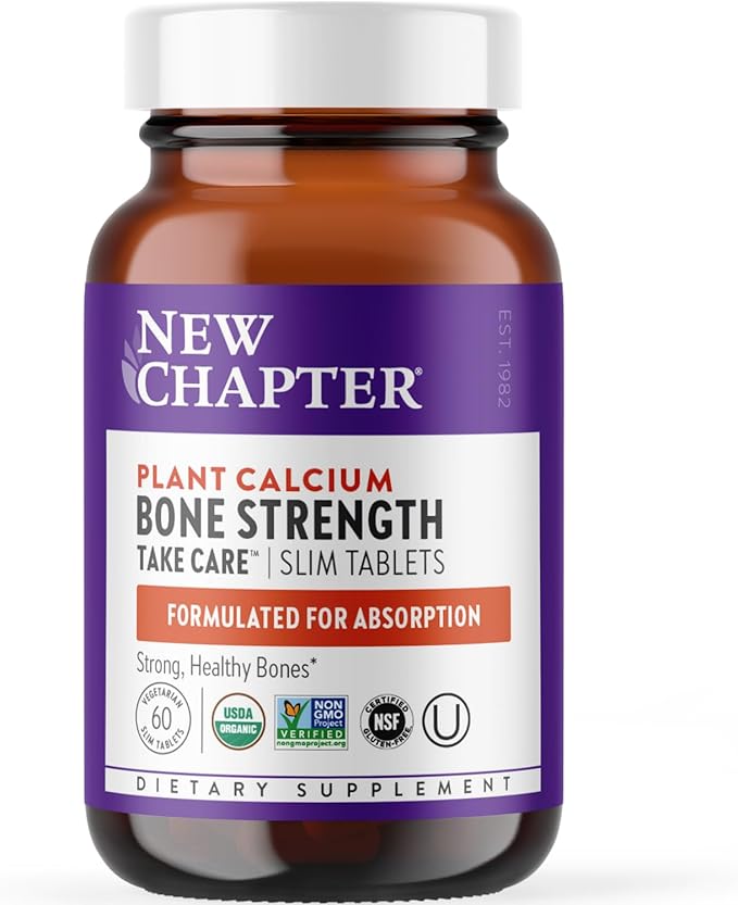 New Chapter Calcium Supplement - Bone Strength Organic Calcium with Magnesium, Vitamin D3+K2, 70+ Trace Minerals for Bone Health, Gluten Free, Easy to Swallow Slim Tablets - 60 Count