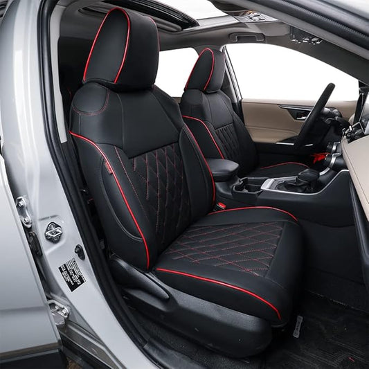 EKR Rav4 Seat Covers Custom Fit for Toyota Rav4 2021-2024 Prime SE,XSE & 2019-2025 Hybrid/PHEV SE,XSE, Leather Car Seat Cover Full Set for SUV,Faux Leather(Black with Red Trim)