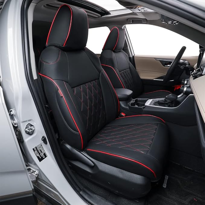 EKR Rav4 Seat Covers Custom Fit for Toyota Rav4 (Only Hybrid) 2019-2025 LE,XLE,XLE Premium,Limited,Woodland Edition, Leather Car Seat Cover Full Set for SUV,Faux Leather(Black with Red Piping)