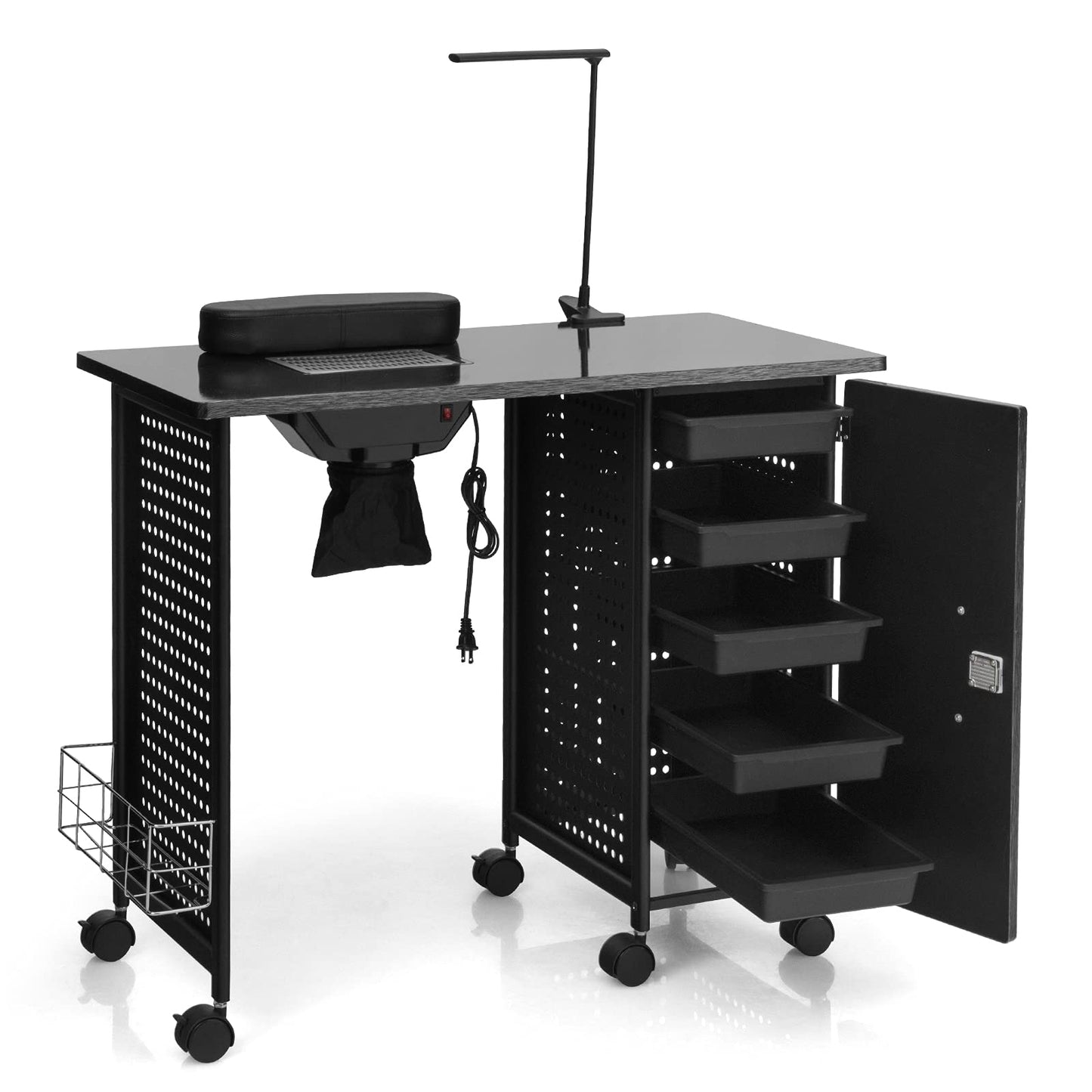 Giantex Nail Desk Manicure Table, Nail Table With Dust Collector, Wrist Rest, Bendable Led Lamp, 5 Drawers Cabinet With Keys, Lo