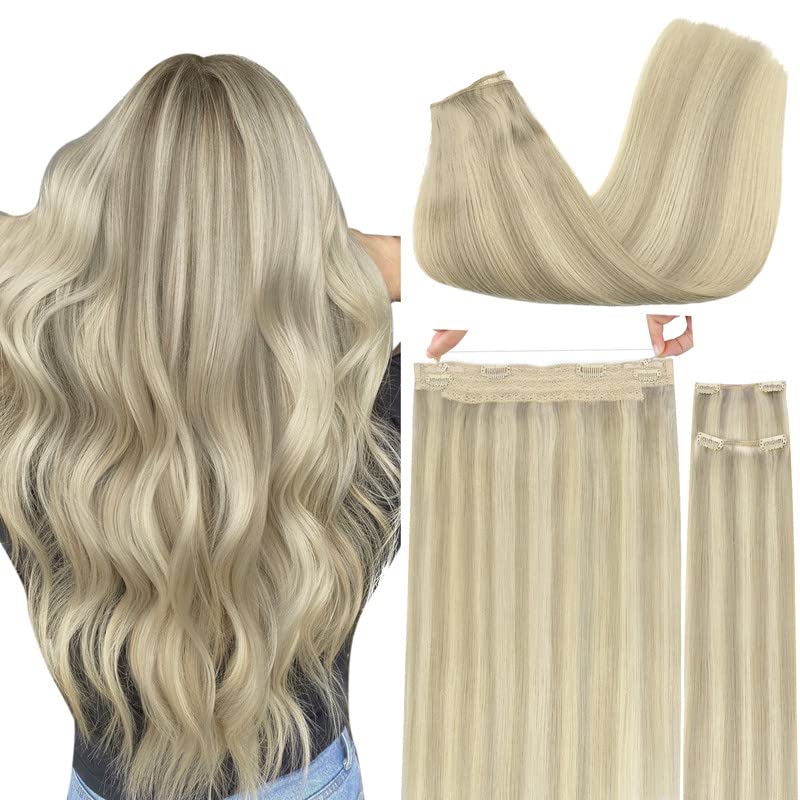 Goo Goo Wire Hair Extensions Human Hair, 17A/60A Ash Blonde Mix Platinum Blonde Highlighted 14Inch 105G, Invisible Wire Hair Ext