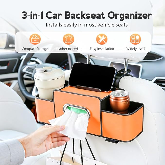 Multifunctional Car Seat Back Storage Box, 3-in-1 Backseat Car Organizer with Dual Cup Holders, Hold Phones, Snacks, Drinks, and Handbags (Beige)