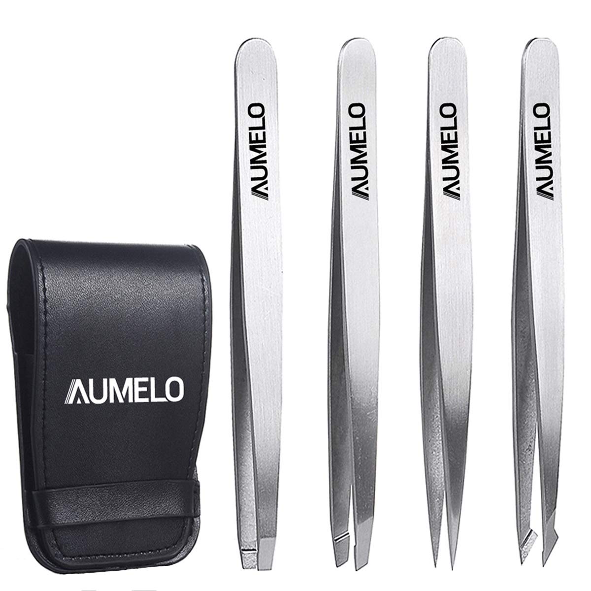 Tweezers Set 4-Piece Professional Stainless Steel Tweezers Gift With Travel Case By Aumelo - Best Precision Eyebrow And Splinter