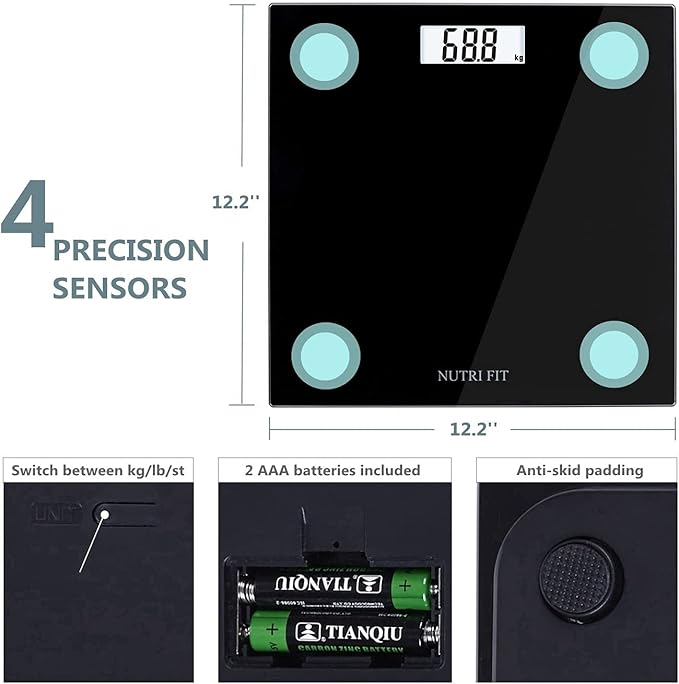 NUTRI FIT Digital Bathroom Scale Body Weight Scales 400 lbs Ultra Slim Most Accurate for Gym Yoga Studio with Large Backlit Display, Black