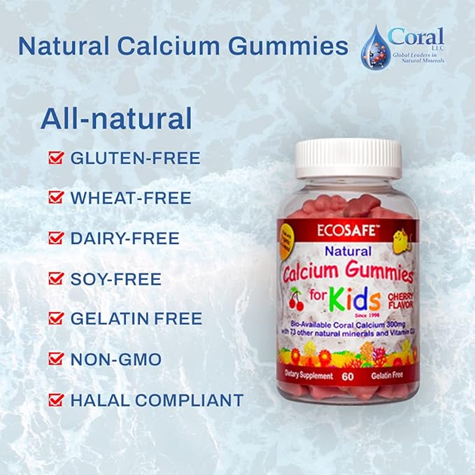 Coral Calcium Vitamin D3 Kids Gummy, Natural Cherry Flavor, Non GMO, Gluten-Free, Dairy-Free, Soy-Free and Gelatin Free - 300 mg of Calcium, and 800 IU of Vitamin D3-60 Gummies (4 Pack)