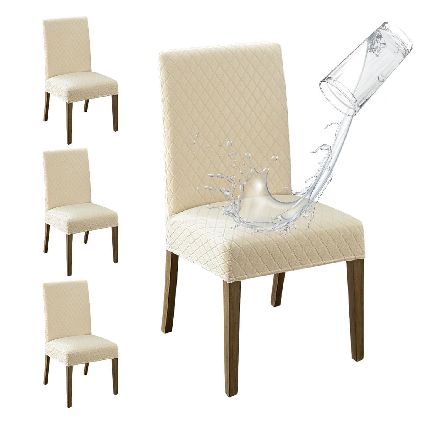 MOSAYT 100% Waterproof Dining Room Chair Covers Set of 4, Super Fit Stretch Jacquard Parson Chairs Slipcovers Removable Washable Chair Seat Protectors for Home, Kitchen, Banquet (Beige)