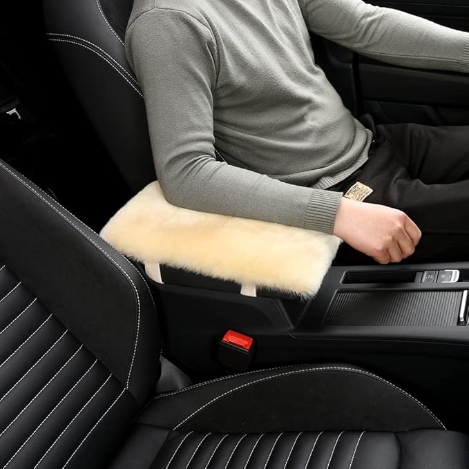 Sheepskin Armrest Cover Auto Center Armrest Cover Car Soft Console Pad, Fluffy Wool Auto Center Console Cover for Most Car Arm Rest Decoration Protector 7 x 13 Inch (Shearling, Dark Gray)