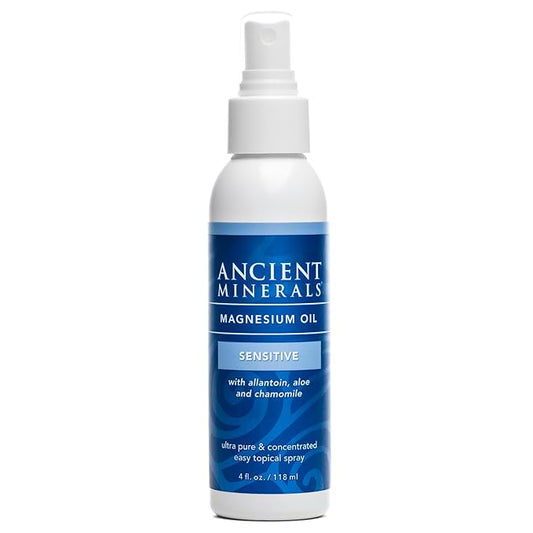 Ancient Minerals Magnesium Oil Spray Sensitive All-New Sensitive Formula with Allantoin, Organic Chamomile, and Organic Aloe Vera (4oz)