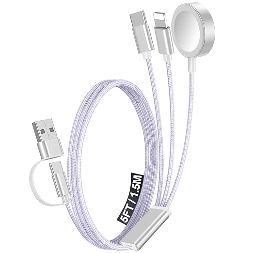 1Pack Multi Charging Cable Cord for Travel Essentials,Apple Watch Charger,iPhone Charger,[3-in-2] Type C/Lightning Cable Portable Designed for iWatch,iPhone 17-8,Galaxy S25-21,AirPods,iPad-1.5M Purple
