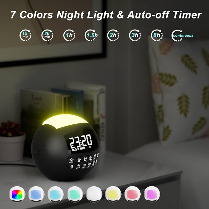 5-in-1 White Noise Sound Machine + Bluetooth + Night Light, 42 Soothing Sounds Sleep Machine for Kids Baby Adults, 8 Timer & Adjustable Volume, USB & Type-C Ports, Dual Alarm Clocks for Bedrooms…