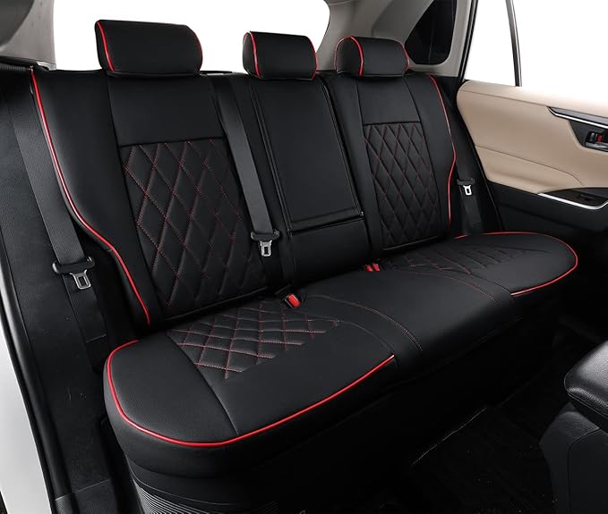 EKR Rav4 Seat Covers Custom Fit for Toyota Rav4 (Only Hybrid) 2019-2025 LE,XLE,XLE Premium,Limited,Woodland Edition, Leather Car Seat Cover Full Set for SUV,Faux Leather(Black with Red Piping)