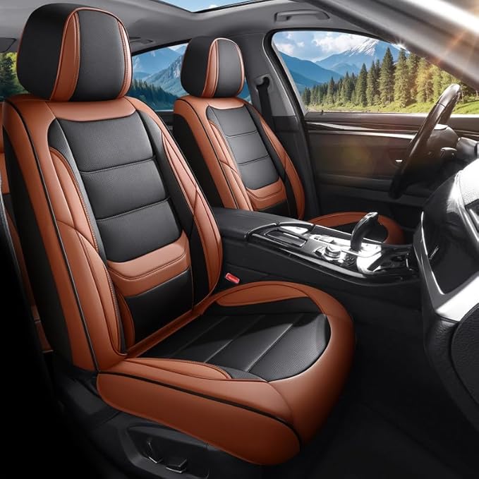 Car Seat Covers Full Set Custom Fit for Chevy Malibu 2000-2025 2026-Luxury Leather with Lumbar Support, Breathable, Waterproof, Anti-Slip, Durable, Easy to Install (BlackBrown,Full Set)