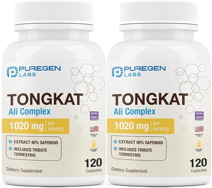 Puregen Labs Tongkat Ali Extract 200 to 1 for Men, 1020mg per Serving, [High Potency] Total 240 Capsules - Men's Health Support with 20mg Tribulus Terrestris | Non-GMO, Gluten Free, Made in USA