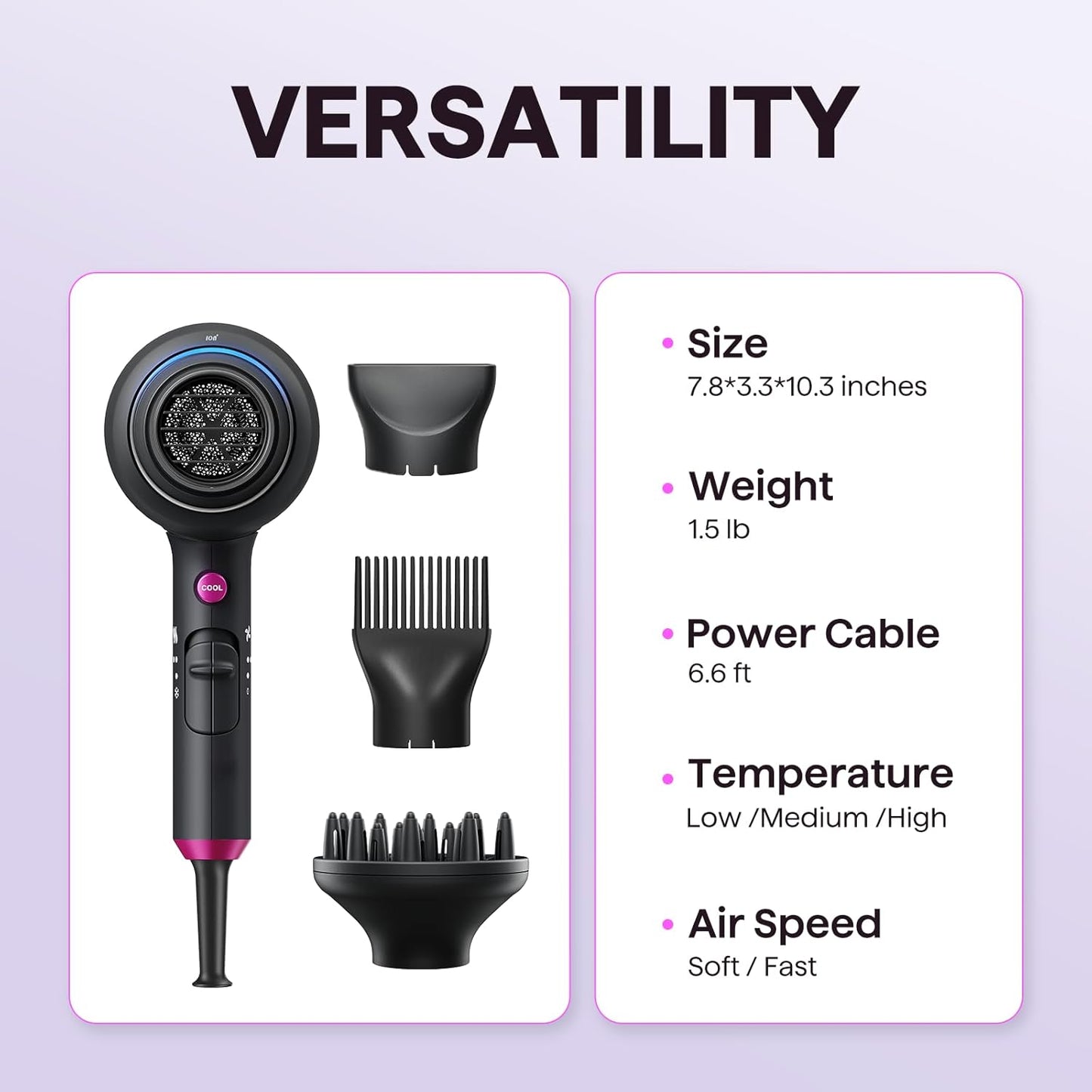 Wavytalk 1875W Ionic Hair Dryer | Diffuser & Comb for Curly Hair | Black