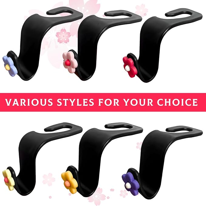 4 PCS Car Seat Headrest Hook, Plastic Headrest Hooks with Adhesive Flower, Auto Back Seat Hanger Storage Hook for Grocery Bag Purse Handbag Umbrella, Car Accessories (Purple)
