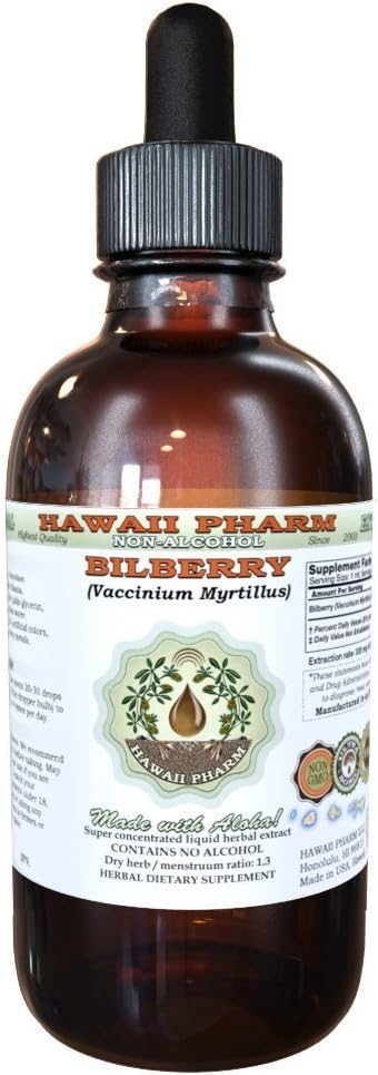 Bilberry Alcohol-Free Liquid Extract, Organic Bilberry (Vaccinium myrtillus) Dried Leaf Glycerite Hawaii Pharm Natural Herbal Supplement 2 oz