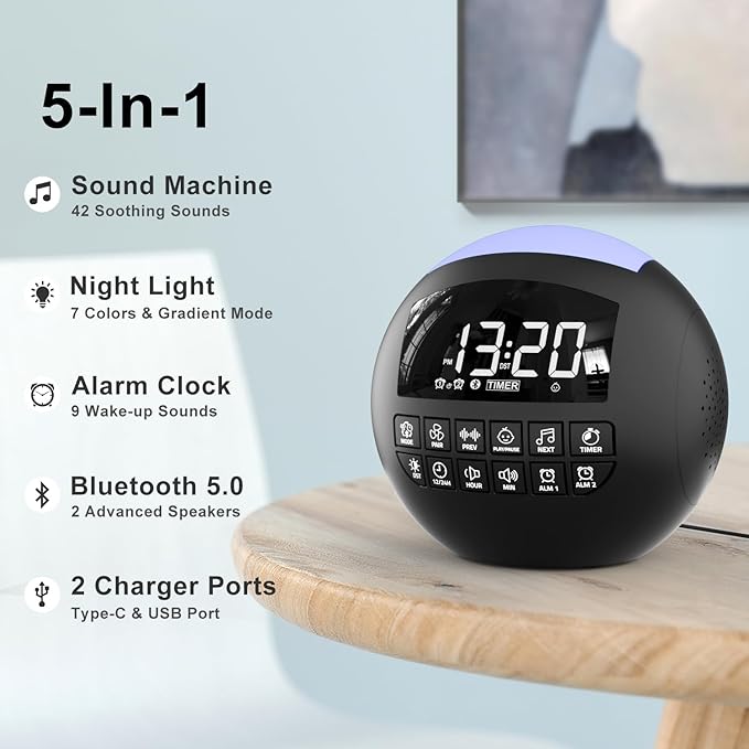 5-in-1 White Noise Sound Machine + Bluetooth + Night Light, 42 Soothing Sounds Sleep Machine for Kids Baby Adults, 8 Timer & Adjustable Volume, USB & Type-C Ports, Dual Alarm Clocks for Bedrooms…