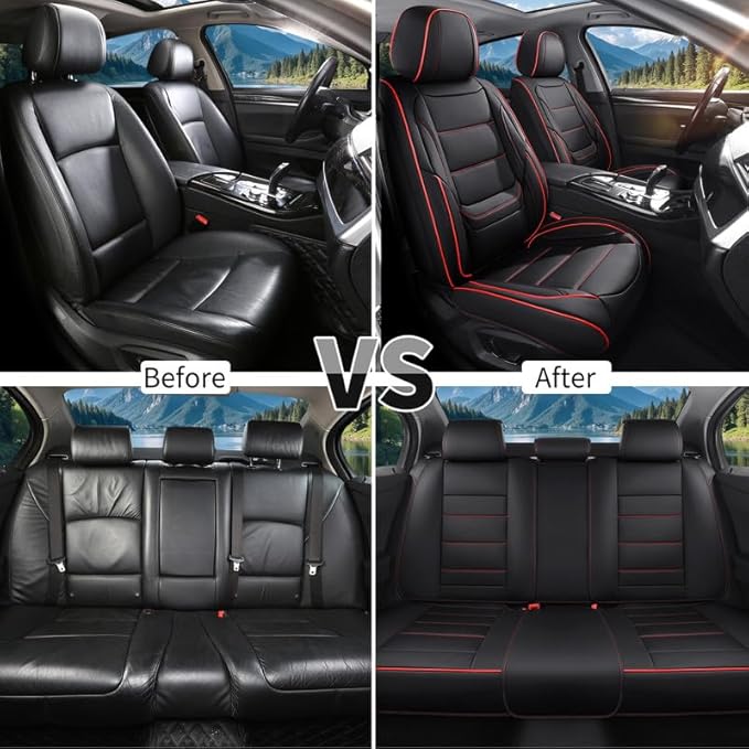 Car Seat Covers Full Set Custom Fit for Ford Taurus 1999-2018-Luxury Leather with Lumbar Support, Breathable, Waterproof, Anti-Slip, Durable, Easy to Install (Black&Red,Full Set)