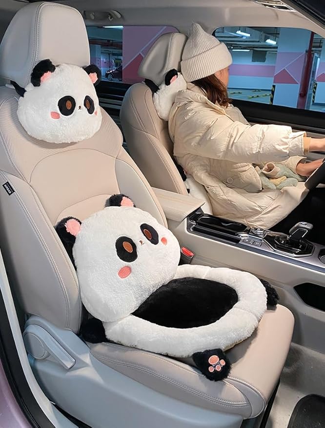 3Pcs Cartoon Car Seat Cushion Lumbar Support Pillow and Neck Pillow, Cute Car Seat Pillow Headrest Pillow Back Support for Driving Fatigue Relief,for Office Chair Truck SUV (Panda Sets)