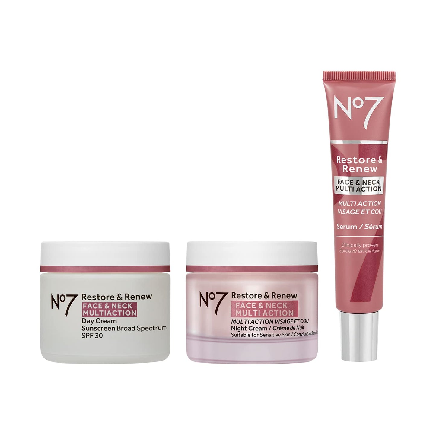 No7 Restore & Renew Face & Neck Multi Action Skincare System - SPF 30 Face Moisturizer & Anti-Aging Facial Serum For Deep Wrinkl