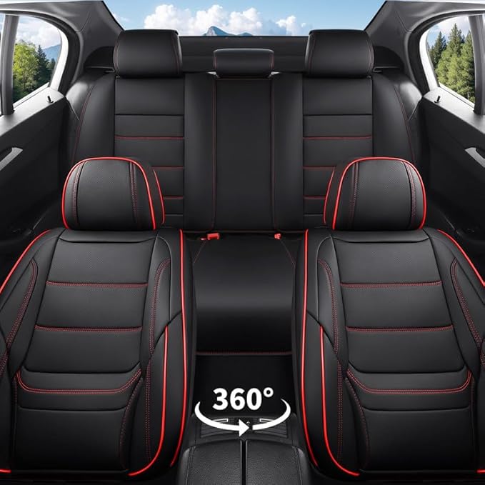 Car Seat Covers Full Set Custom Fit for Ford Focus 2000-2018-Luxury Leather with Lumbar Support, Breathable, Waterproof, Anti-Slip, Durable, Easy to Install (Black&Red,Full Set)