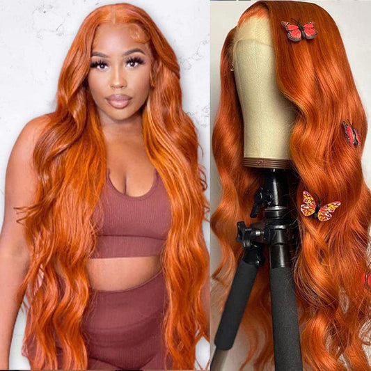 13X4 Orange Ginger Lace Front Wigs Human Hair Pre Plucked Body Wave Wig Brazilian Colored Human Hair Wigs For Black Women 180% D