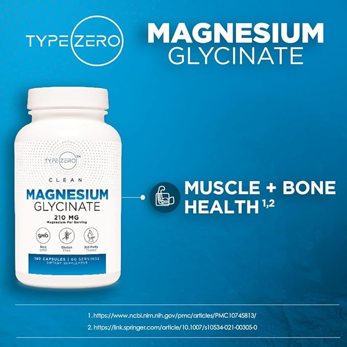Type Zero Magnesium Glycinate (210mg | 180 Capsules) Pure, Non-GMO, Gluten Free, Natural High Absorption Magnesium Supplement