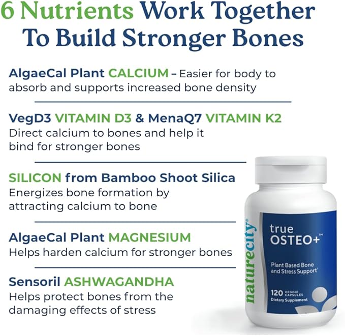 NatureCity True-Osteo+ for Bone Strength & Density | Plant Based Calcium Supplement with Organic AlgaeCal Calcium & Magnesium, Vitamin D3, K2, Silicon & Stress Support | 240 Veggie Capsules