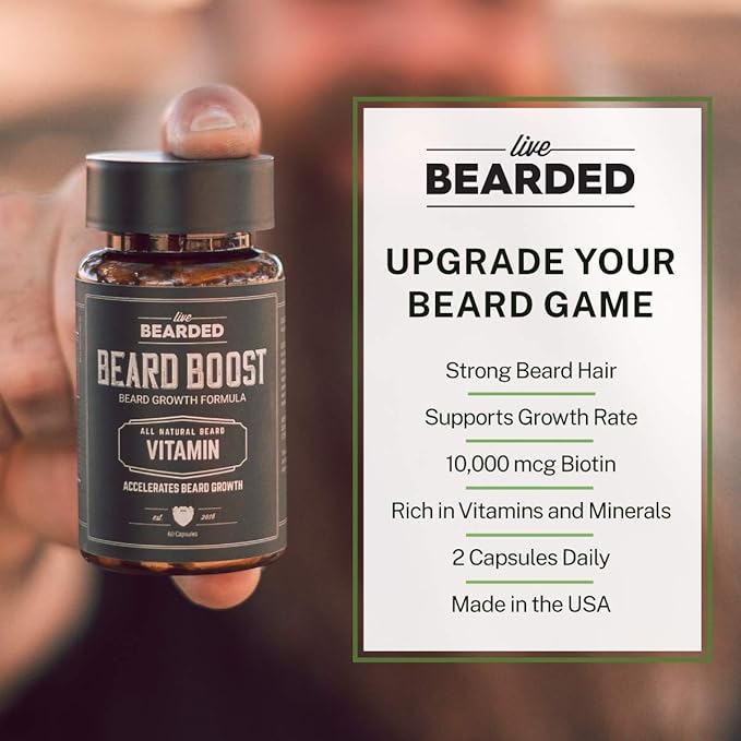 Live Bearded Beard Boost - Hair Growth Multivitamins with Biotin 10,000mcg, Vitamins C, E and Zinc - Thick, Strong, Full Grow Support - Made in The USA | 90-Day Supply