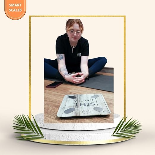Smart Digital Scale - Motivational Modern Design, Weight Scale, Body Fat Monitor, 12 Key Composition, iOS Android APP, Auto Recognition, BMI, BMR, Bluetooth Smart Bathroom Scale. (Wood)