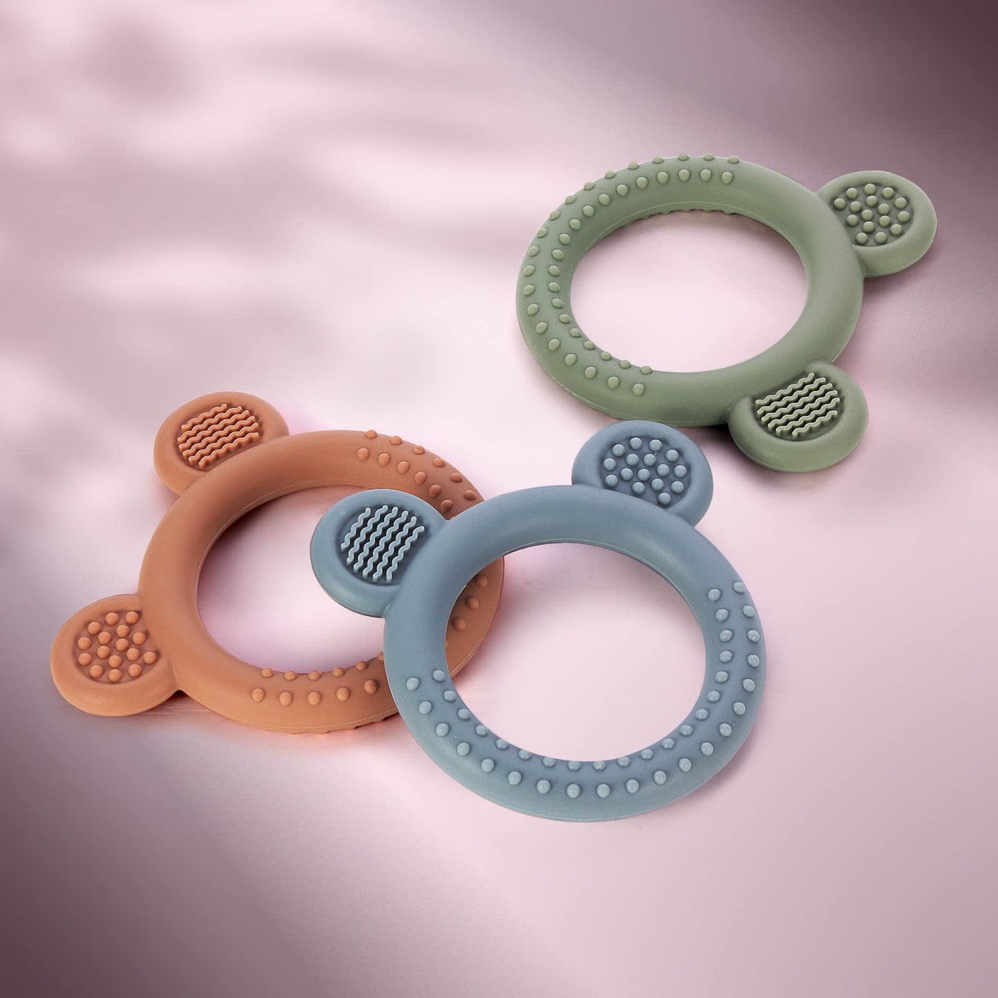 Eascrozn Baby Teething Toys Set of 3, Teethers for Babies 3-6 6-12 Months, BPA Free Soft and Textured Bear Teething Rings Silicone Teething Relief Soothing Sore Gums Baby Chew Toys