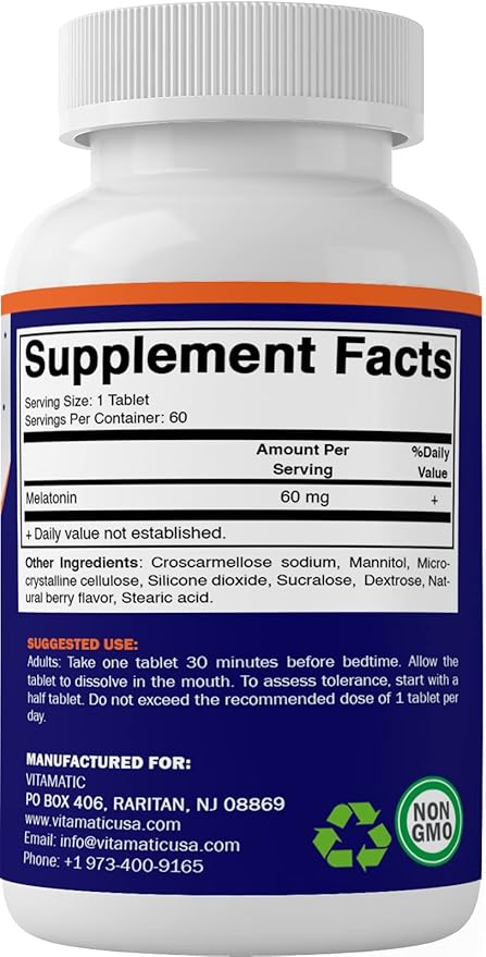 Vitamatic Melatonin 60 mg Fast Dissolve Tablets - 60 Vegan Natural Berry Flavor Tablets - Non-Habit Forming - Non-GMO, Gluten Free (3 Bottles)