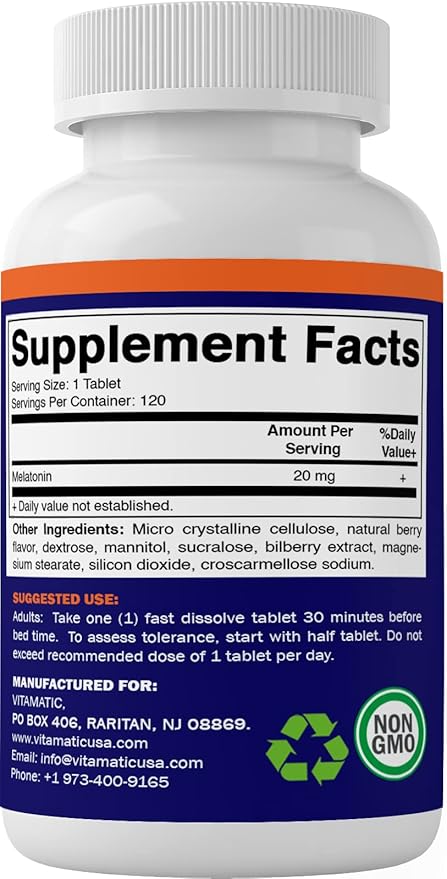 Vitamatic Melatonin 20 mg Tablets | Vegetarian, Non-GMO, Gluten Free | HIGH Potency 20 MG | Natural Berry Flavor 120 Tablets