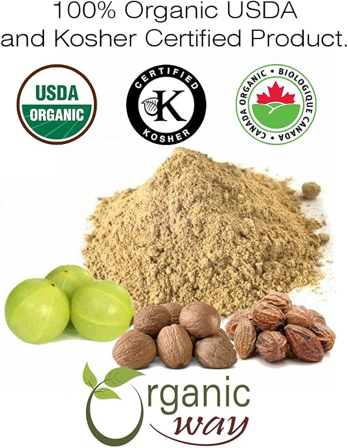 Organic Way Triphala Herbal Powder - Amla, Haritaki & Bibhitaki Formula | Kosher & USDA Certified | Non-GMO & Gluten Free | Tested for Heavy Metal and Purity | 100% Raw from India (1/2LBS / 8Oz)