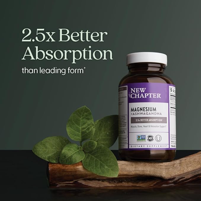 New Chapter Magnesium + Ashwagandha Supplement, 325 mg with Magnesium Glycinate, 2.5x Absorption, Muscle Recovery, Heart & Bone Health, Calm & Relaxation, Gluten Free, Non-GMO - 60 ct (2 Month Supply)