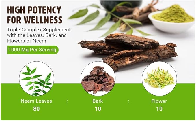 Neem Triple Complex - High-Potency Azadirachta Indica Capsules, Neem Leaves, Bark, Flowers in Ratio (80:10:10) - 180 Capsules, 90 Serving, 1000 Mg per Serving. Pack of 2.