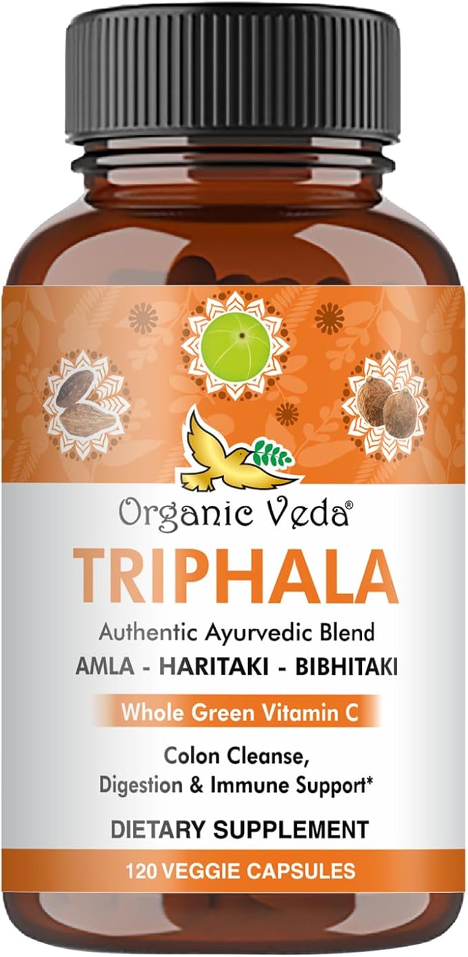 Organic Veda Triphala Capsules - Ultra Concentrated Amla Extract Organic Triphala Supplement with Natural Vitamin C - for Colon Cleanse, Skin Radiance, Immunity & Digestion - 120 Vegan Pills